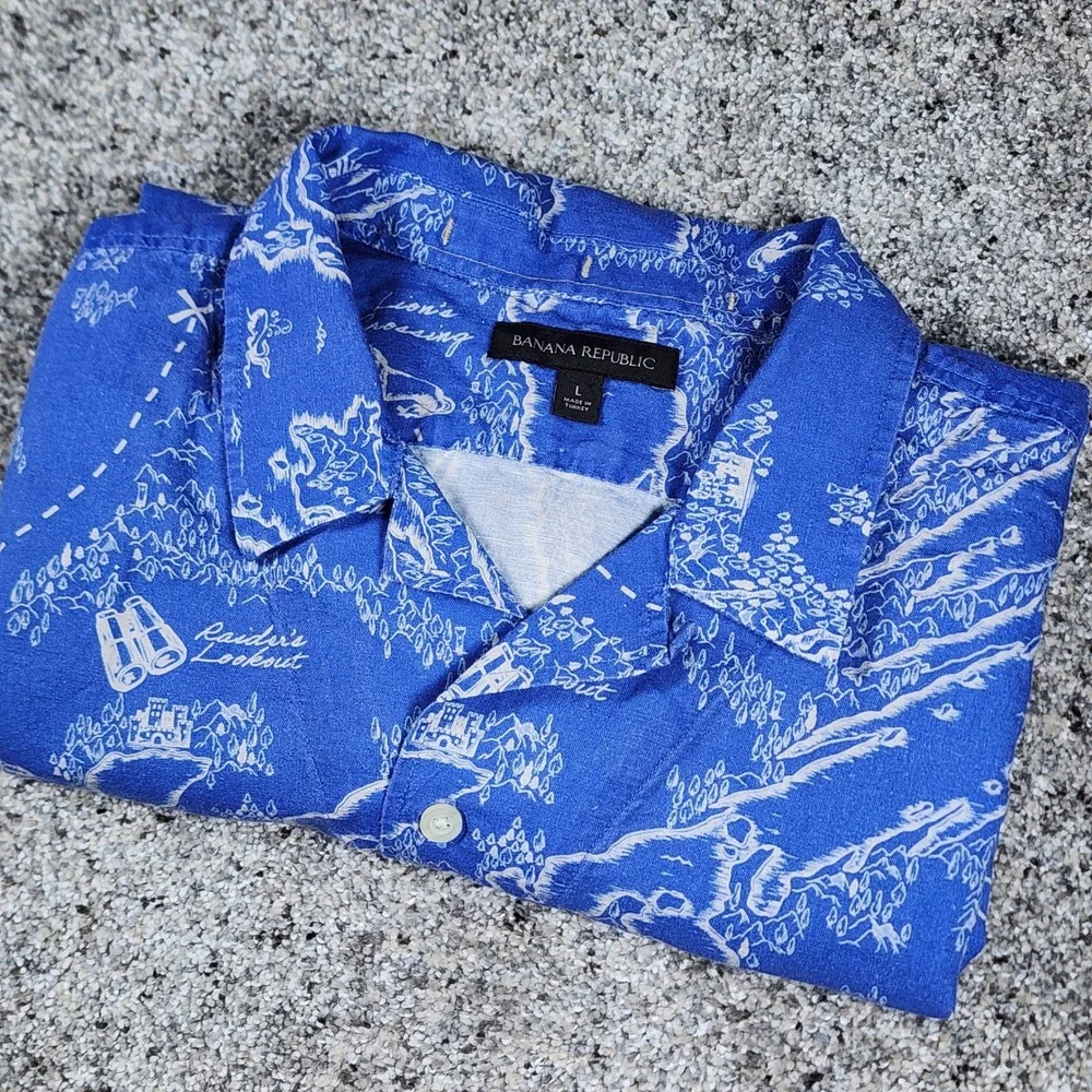 Banana Republic Button Up Shirt Mens L Blue Map Print Linen Blend Excellent
